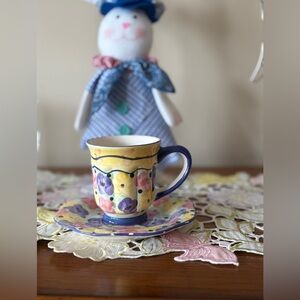 Colorful Floral Ceramic Teacup and Saucer Set - Yellow & Blue